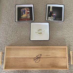 Disney Ratatouille Bon Appetit! 3 Ceramic Dishes and Wooden Dish Holder